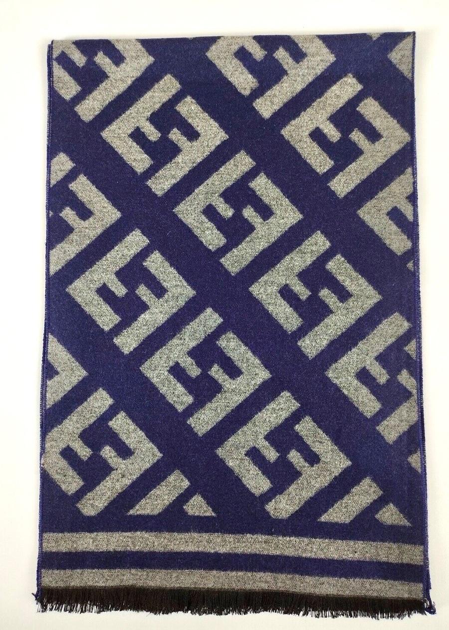 Fendi Grey and Blue Reversible Wool Scarf