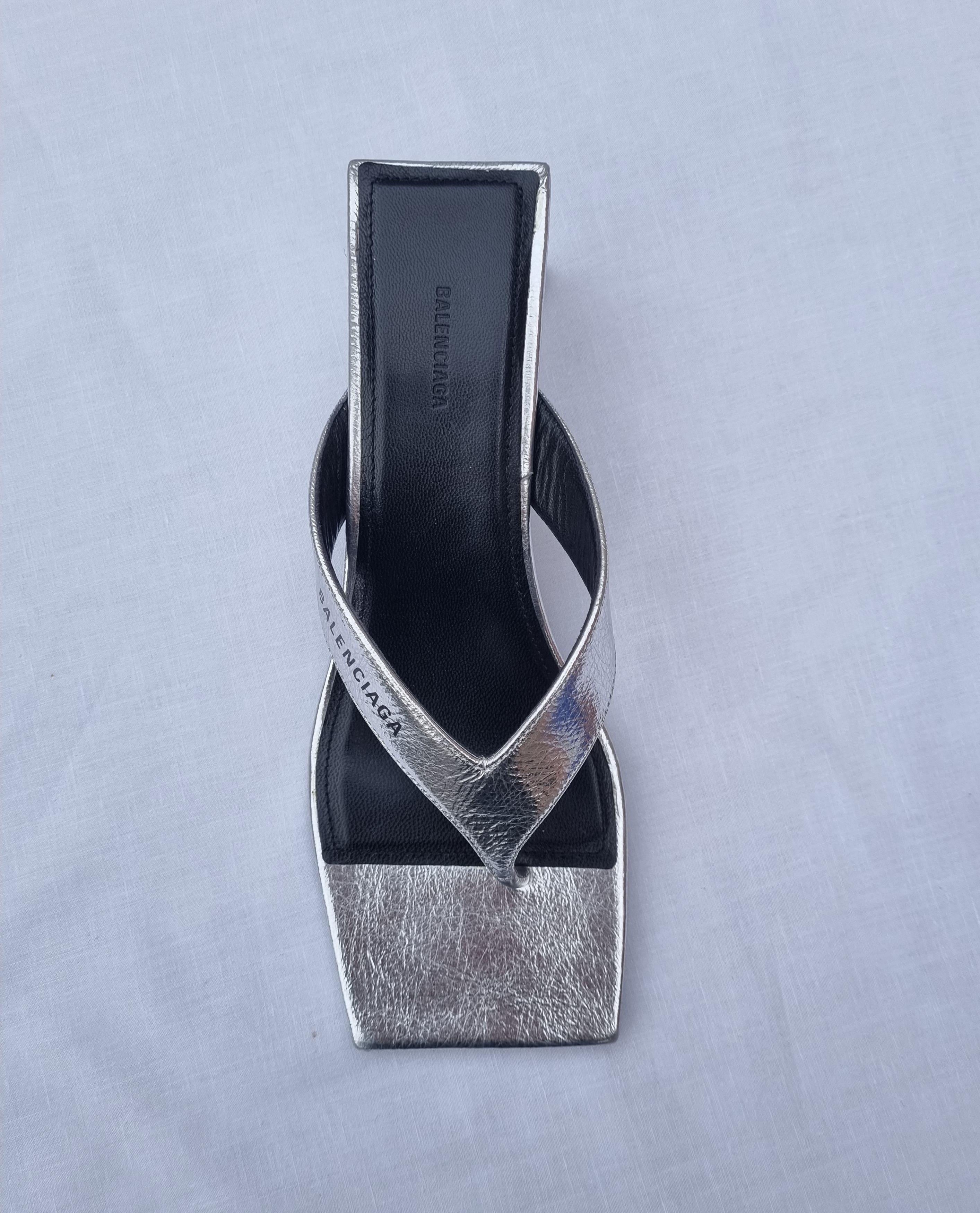 Metallic Silver Leather Square Toe Thong Heeled Sandals