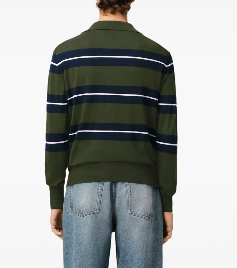 Ami Paris Green Wool-Silk Stripe Polo Shirt