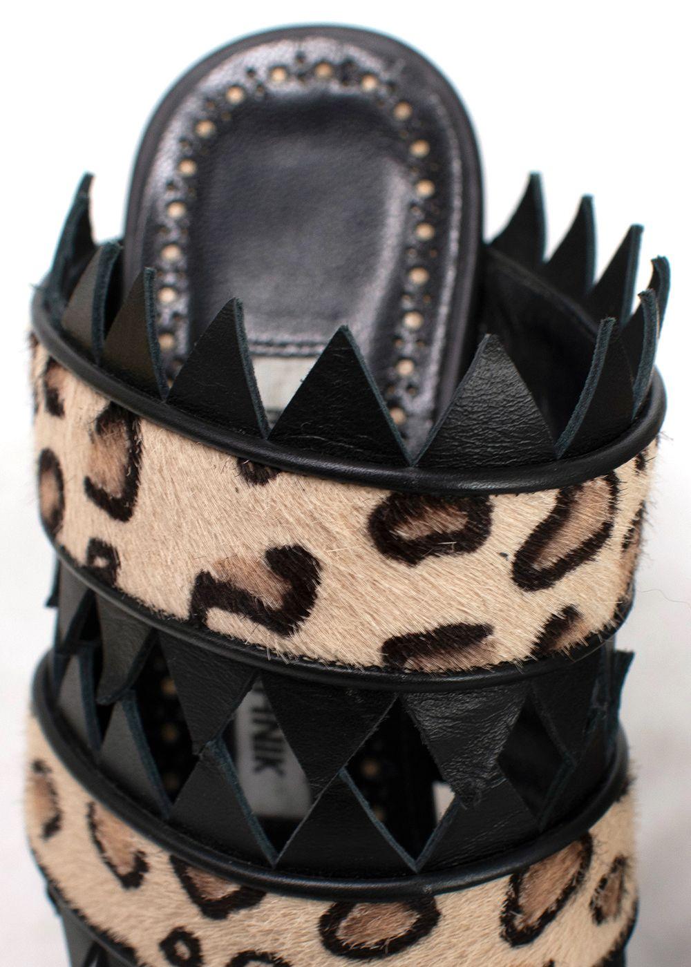 Manolo Blahnik Black Leopard Print Calf Hair Heeled Mules