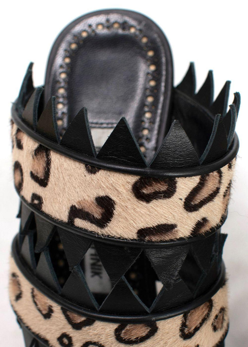 Manolo Blahnik Black Leopard Print Calf Hair Heeled Mules