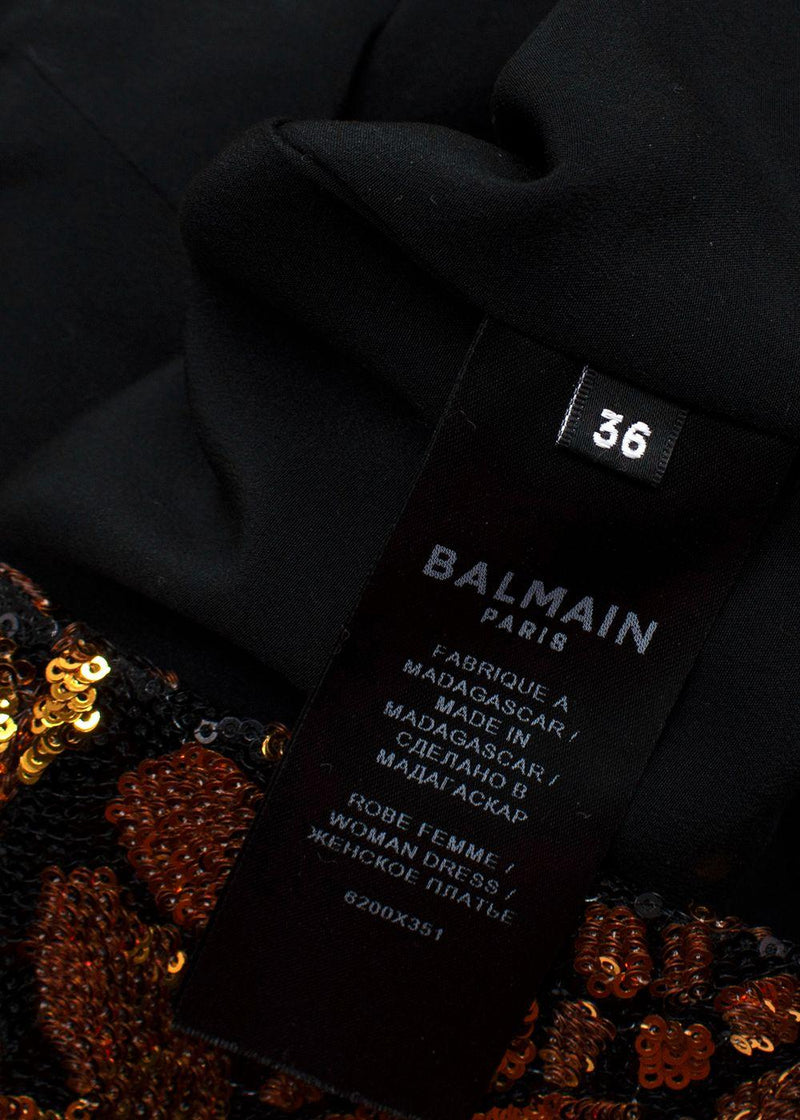 Balmain Gold and Black Sequin Long Sleeve Mini Dress