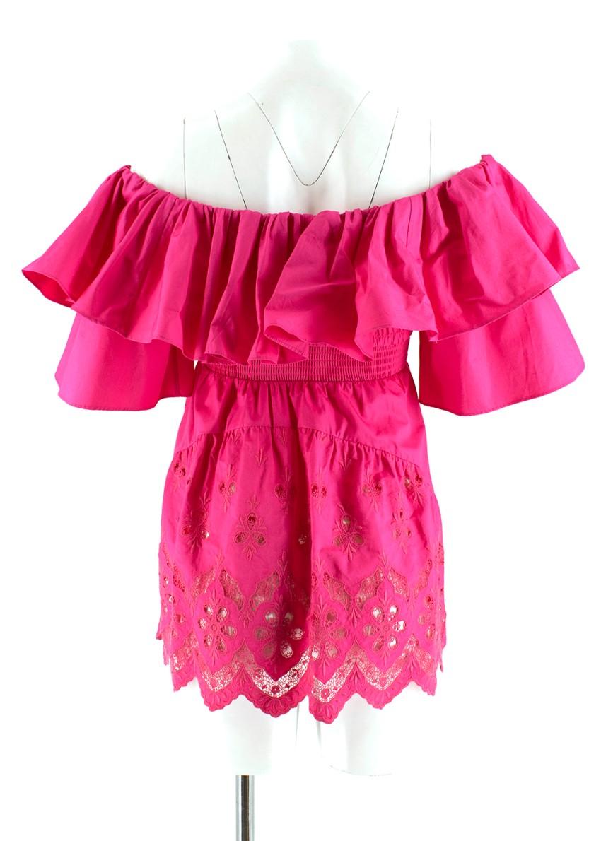 Self Portrait Fuchsia Embroidered Ruffle Off Shoulder Top