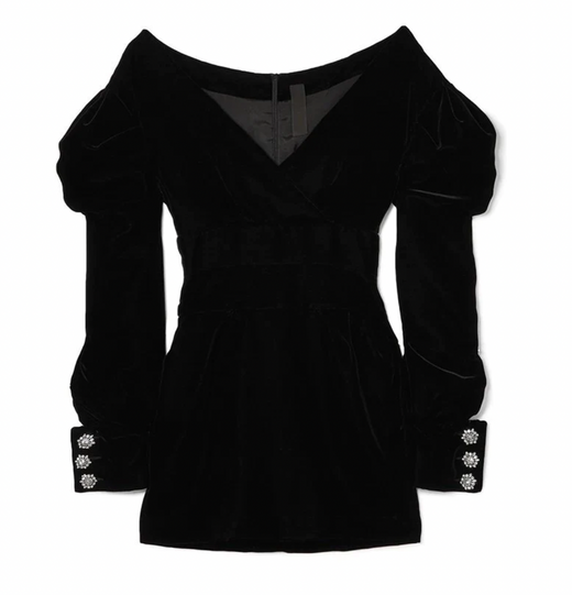 Velvet Off Shoulder Embellished Sleeve Mini Dress
