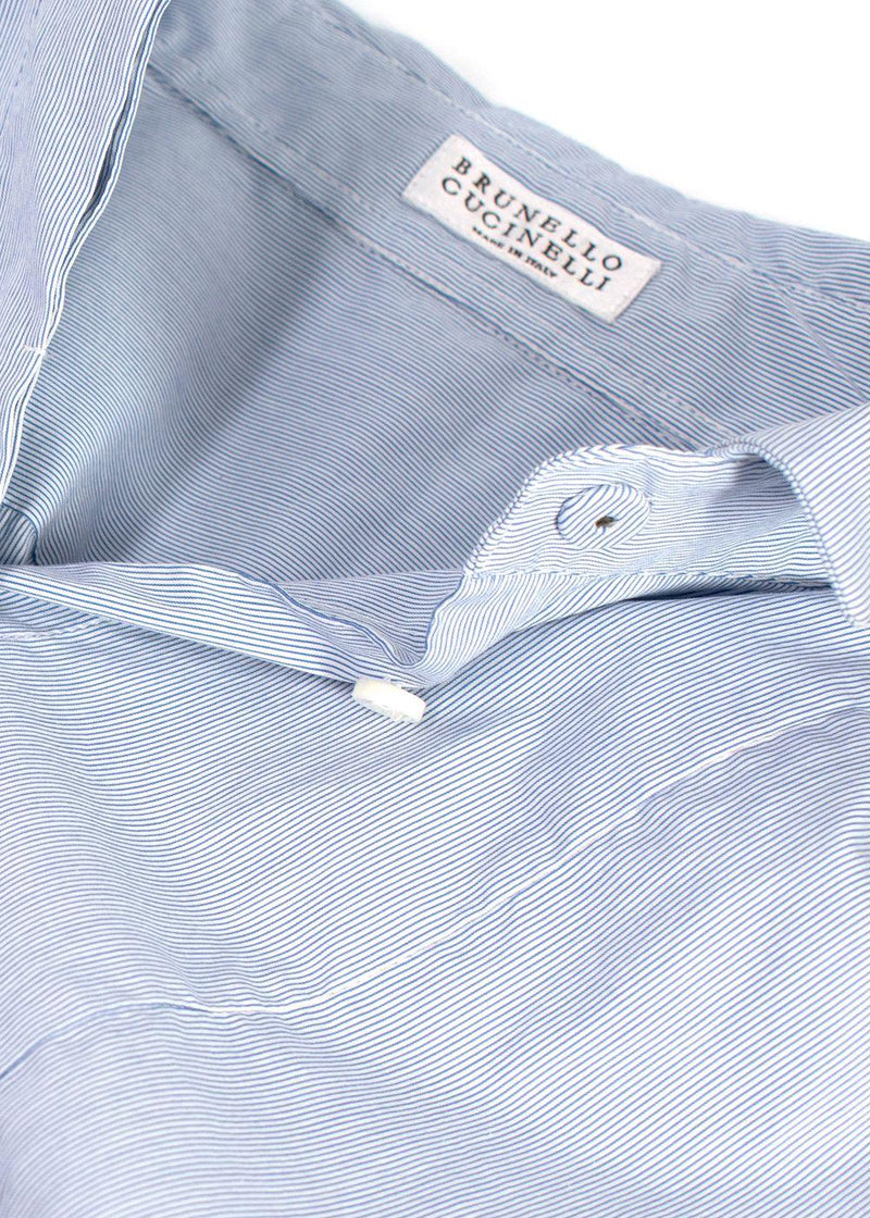 Brunello Cucinelli Blue Pin-Striped Cotton Shirt