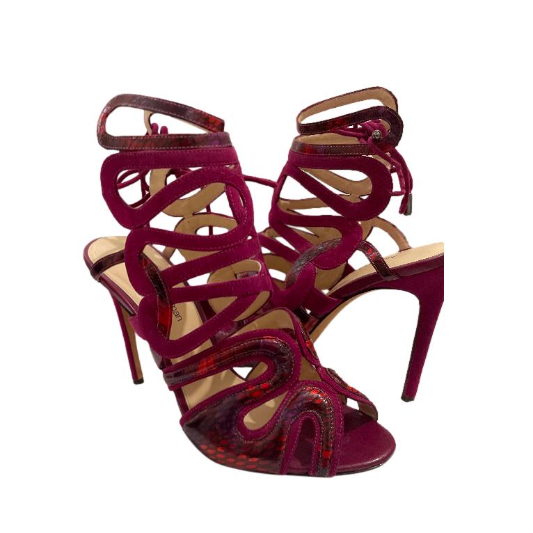 Alexandre Birman Burgundy Suede & Snakeskin Cage Sandals