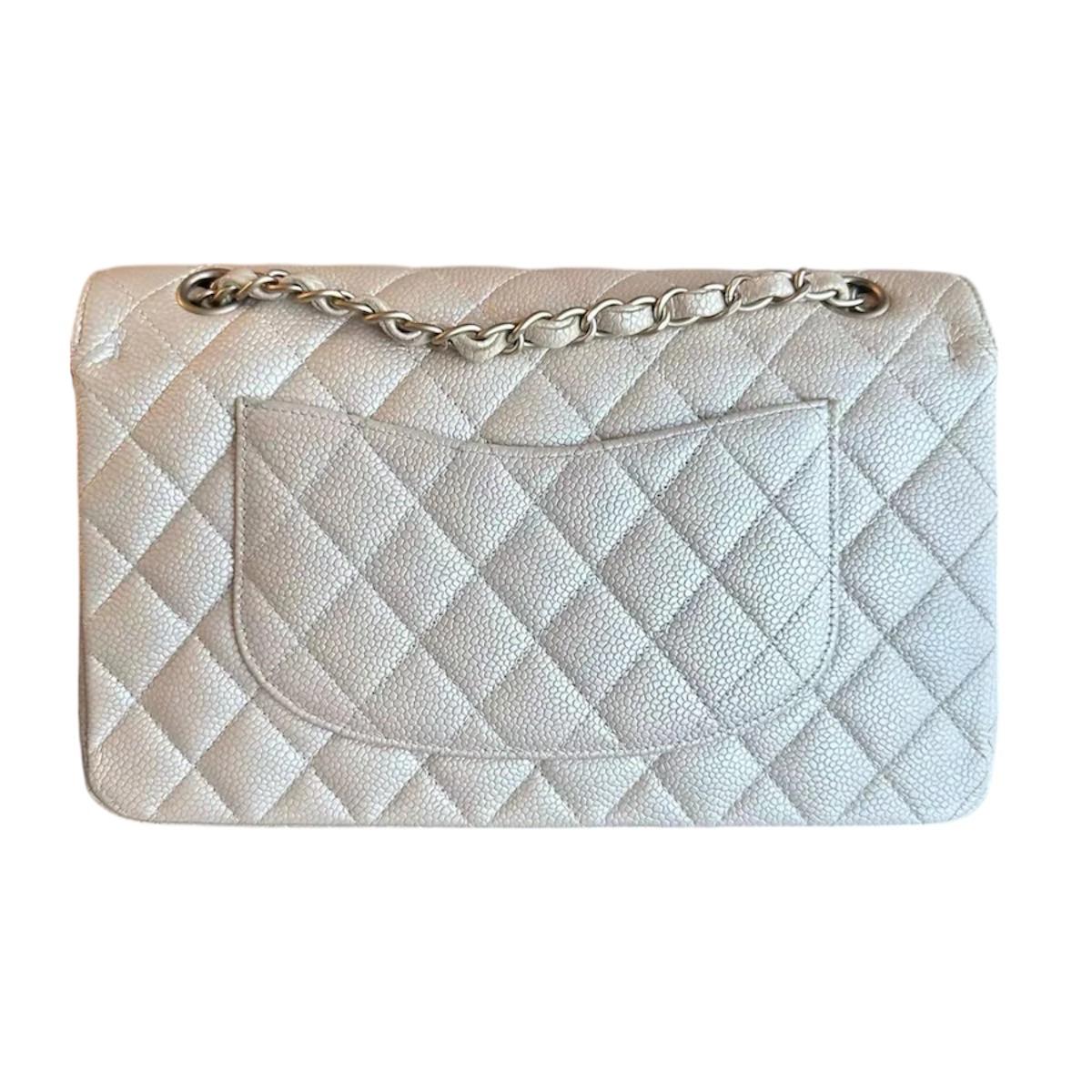 Iridescent Beige Medium  Quilted Caviar Grained Calfskin Double Flap Bag