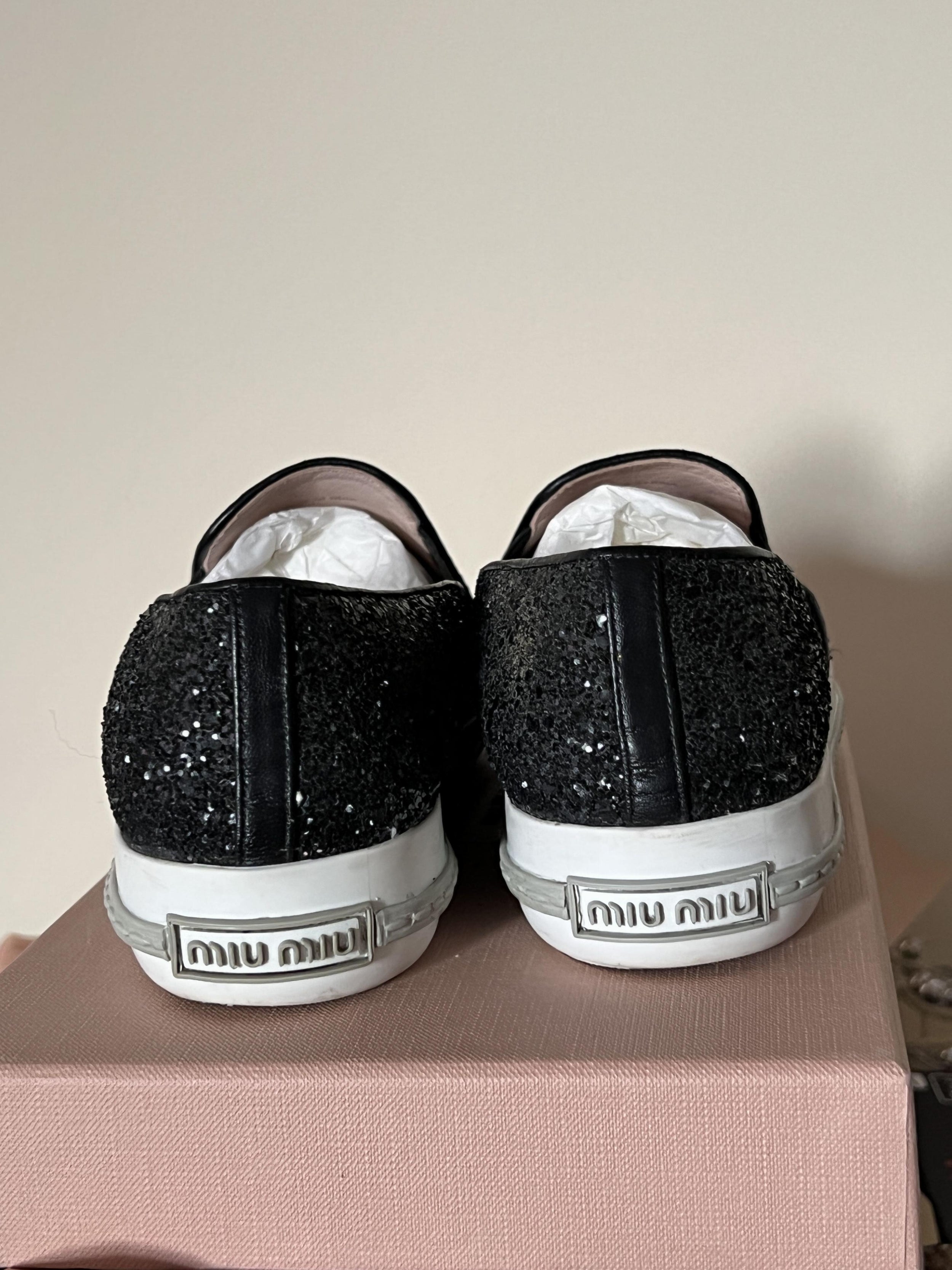 Miu Miu  Black Metallic Silver Toe Cap Slip-On Trainers