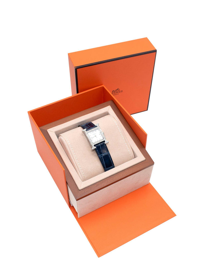 Hermes Navy Alligator Diamond Heure H 21mm Watch With Palladium Hardware