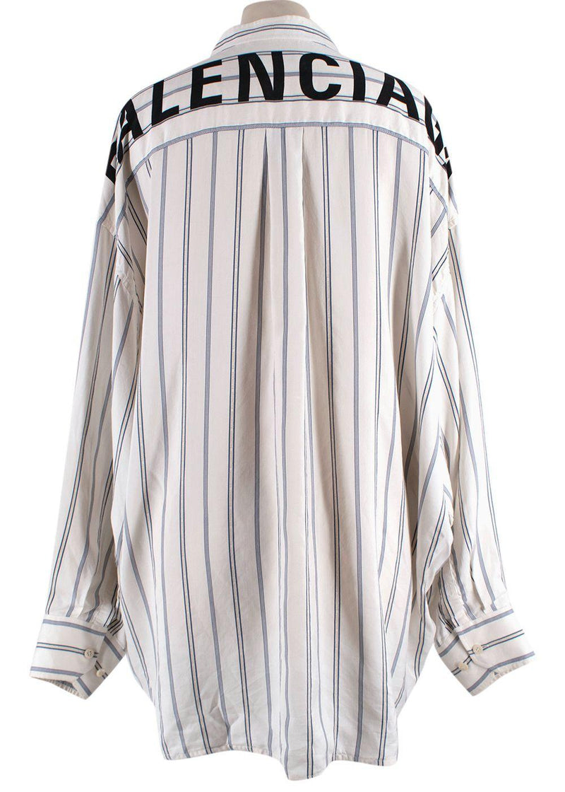 Balenciaga White and Blue Striped Silk Logo Shirt