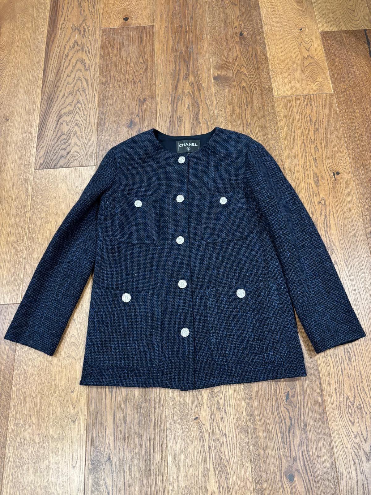 Chanel Blue Tweed Button Front Jacket