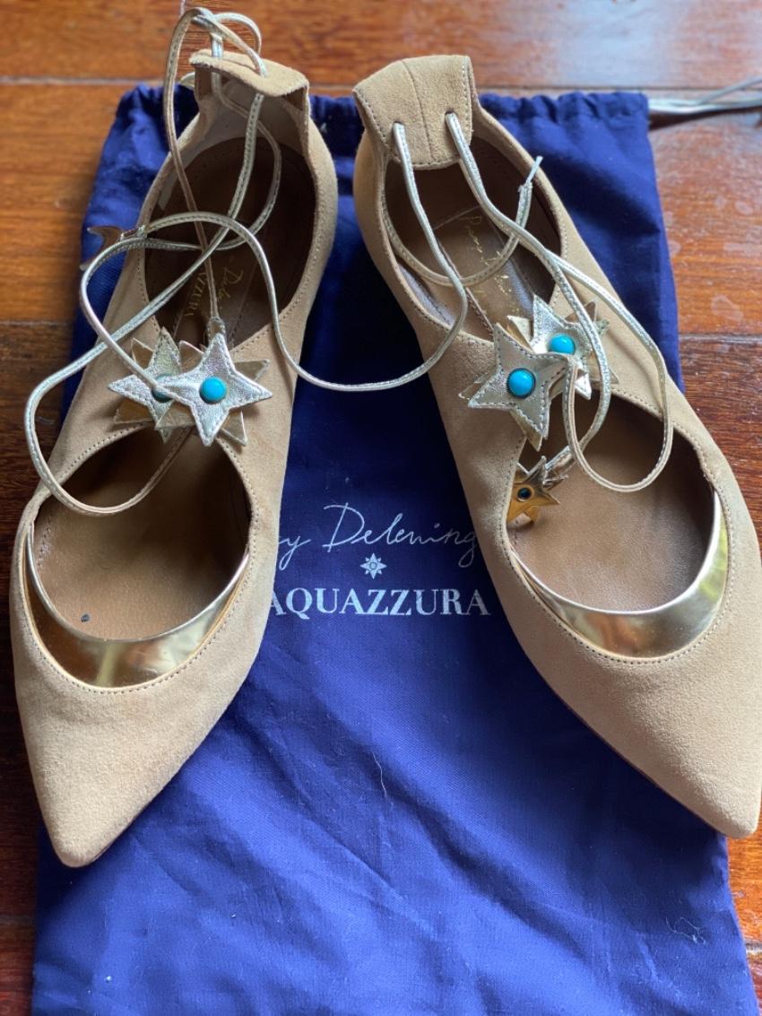 Aquazzura X Poppy Delevingne nude suede flats