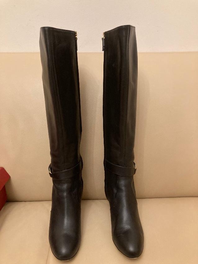 Ferragamo Black Leather Gancini Buckle Knee Boots