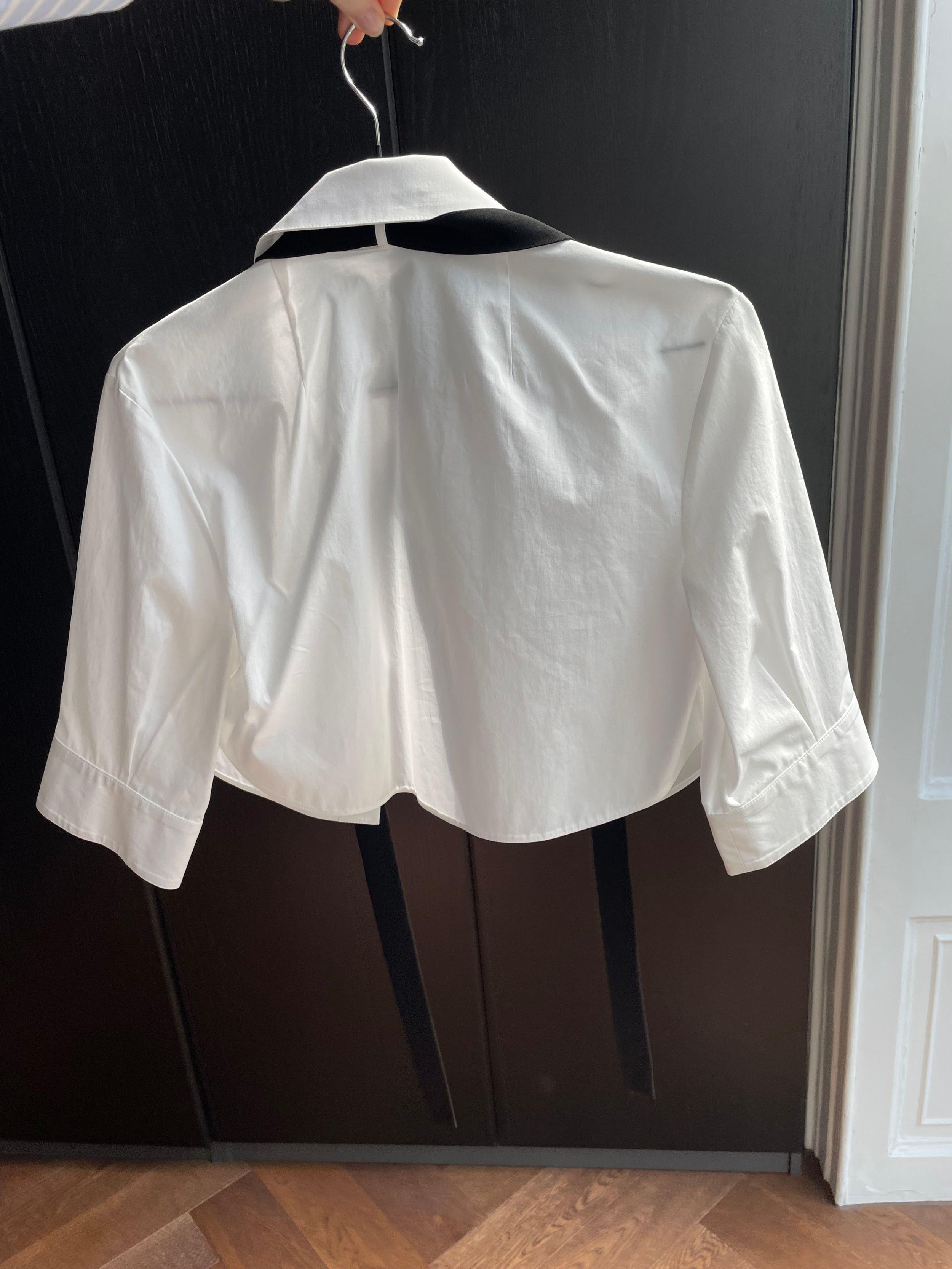 Valentino White Cropped Blouse with Velvet Bow Detail