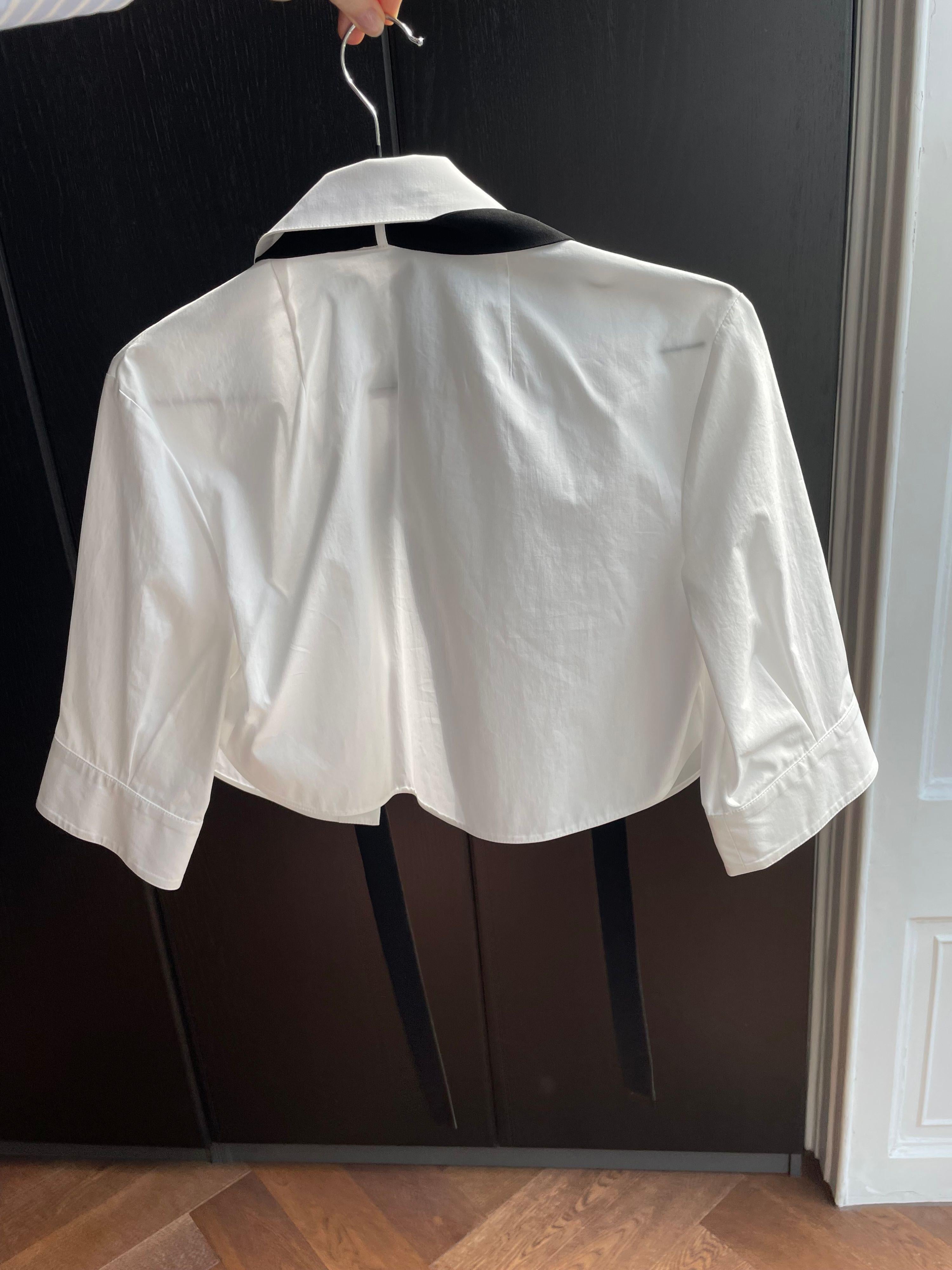 Valentino White Cropped Blouse with Velvet Bow Detail