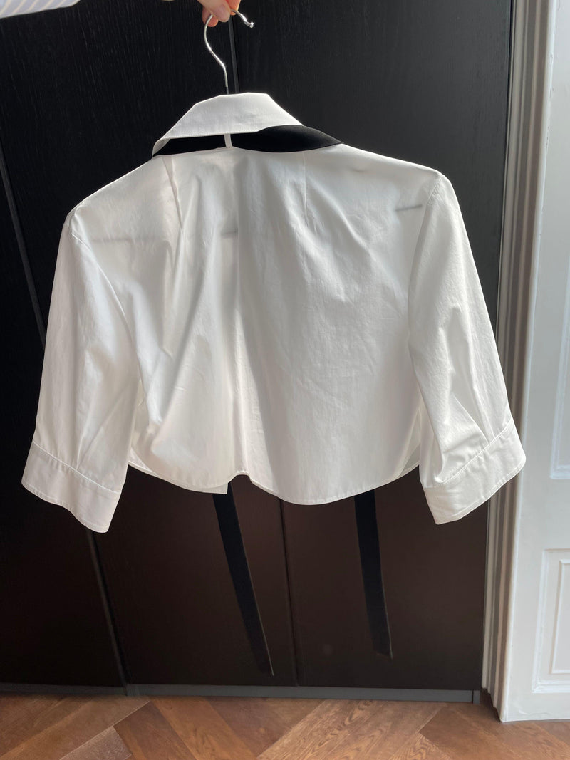 Valentino White Cropped Blouse with Velvet Bow Detail