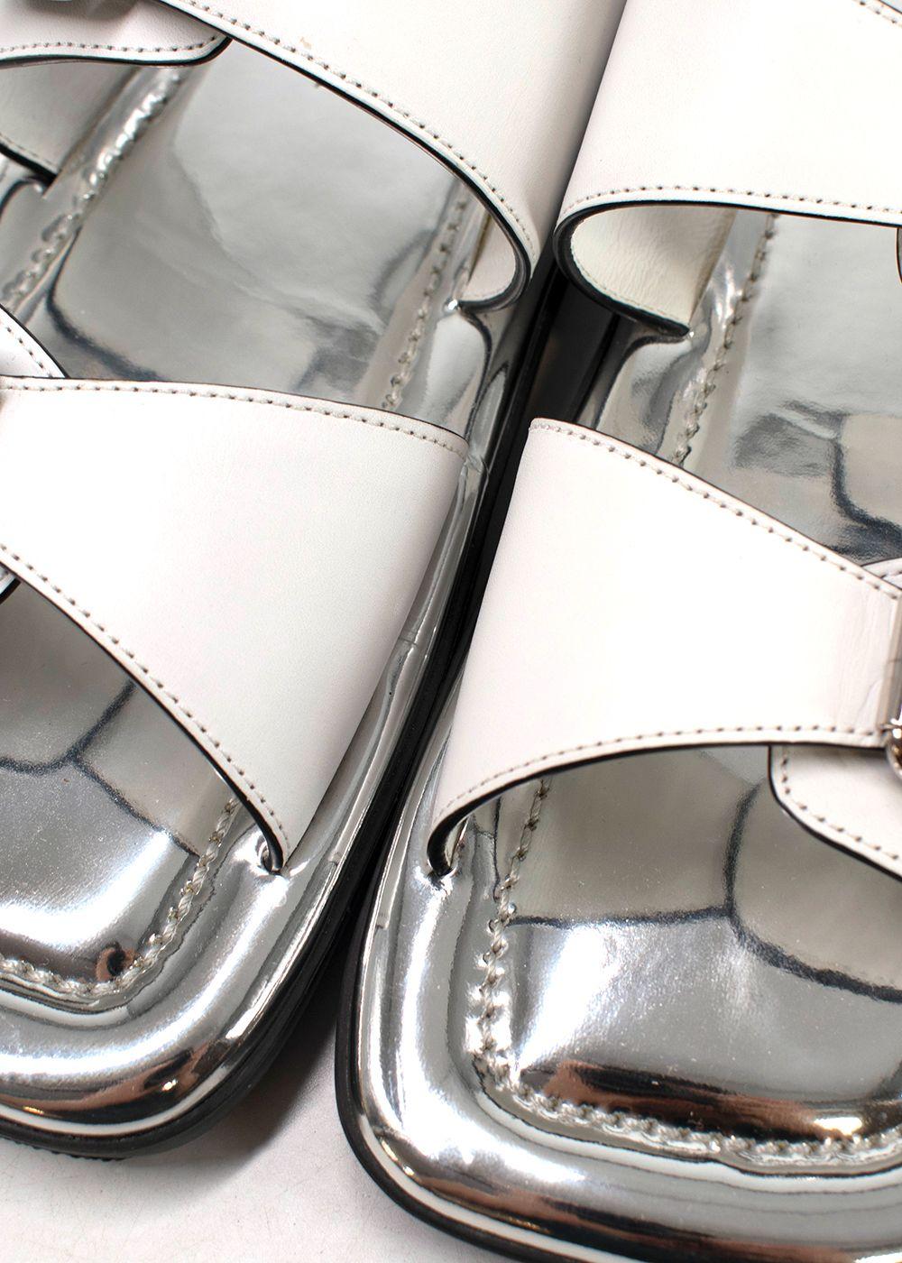 Prada White and Silver Leather Buckle Sandals