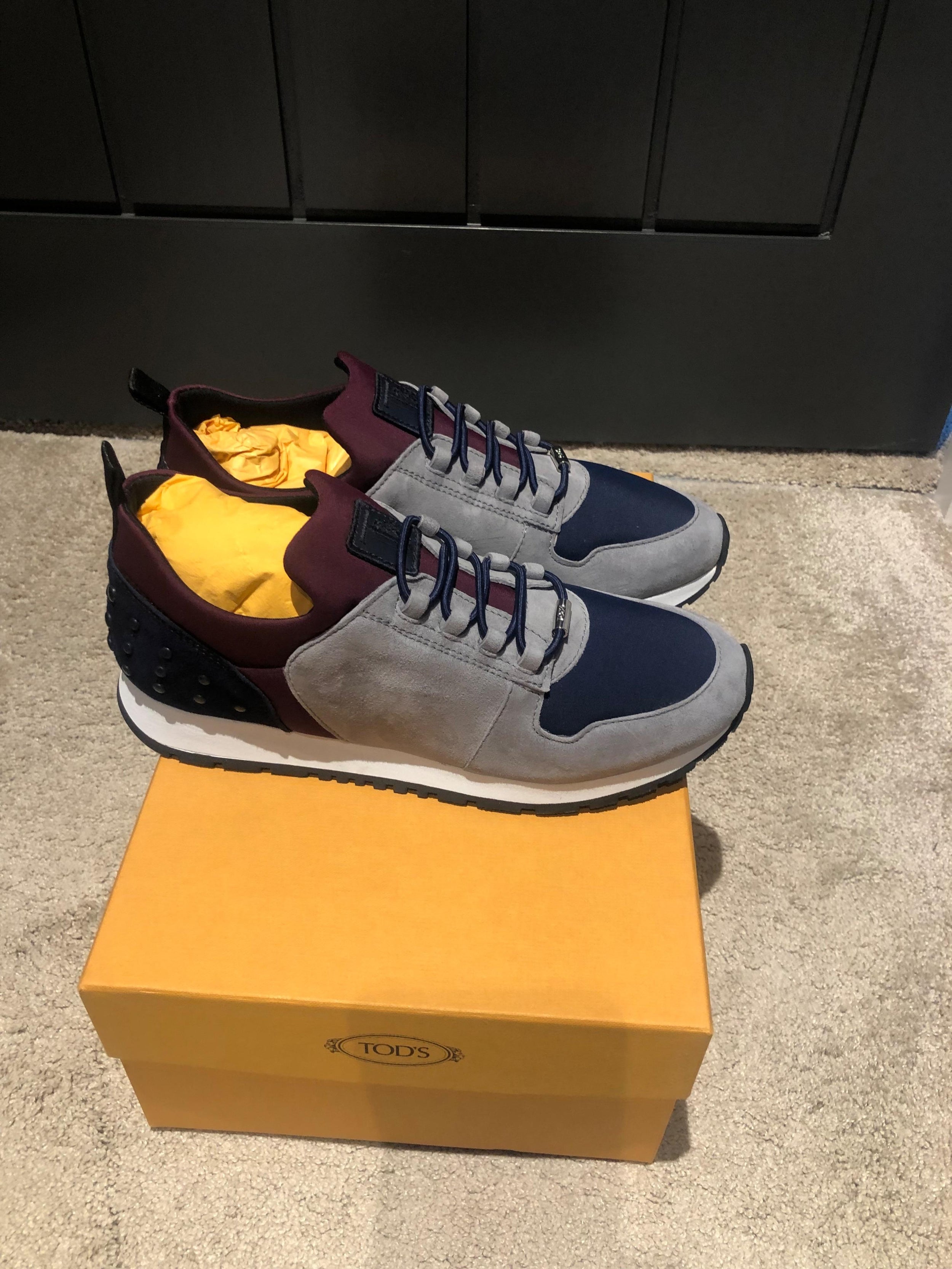 Grey suede & burgundy jersey trainers