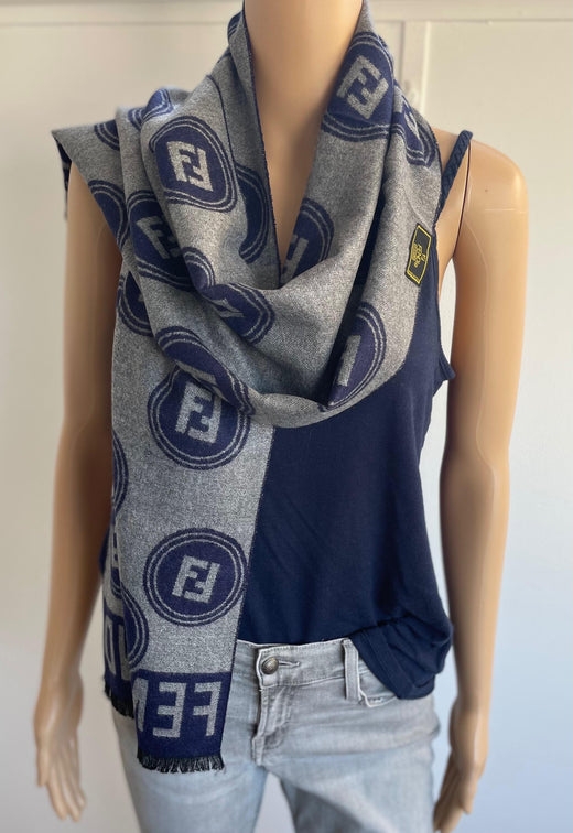 Fendi Navy and Grey Merino Wool Scarf