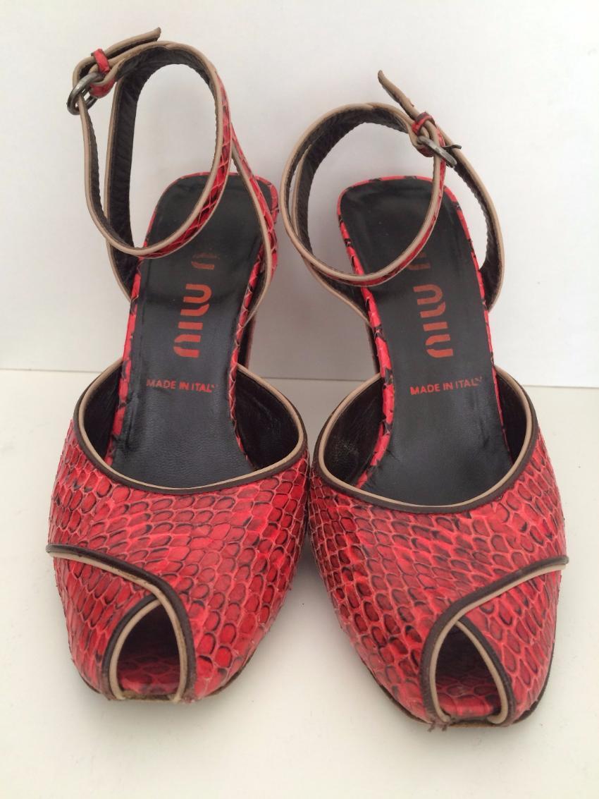 MIU MIU Red and Black Python Peep-Toe High Heeled Sandals