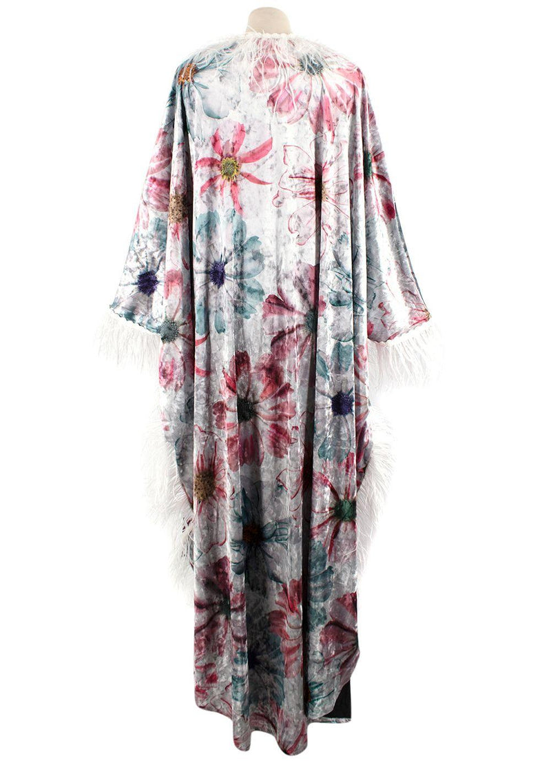Elegant Embroidery Floral Crushed Velvet Kaftan with Feather Trim