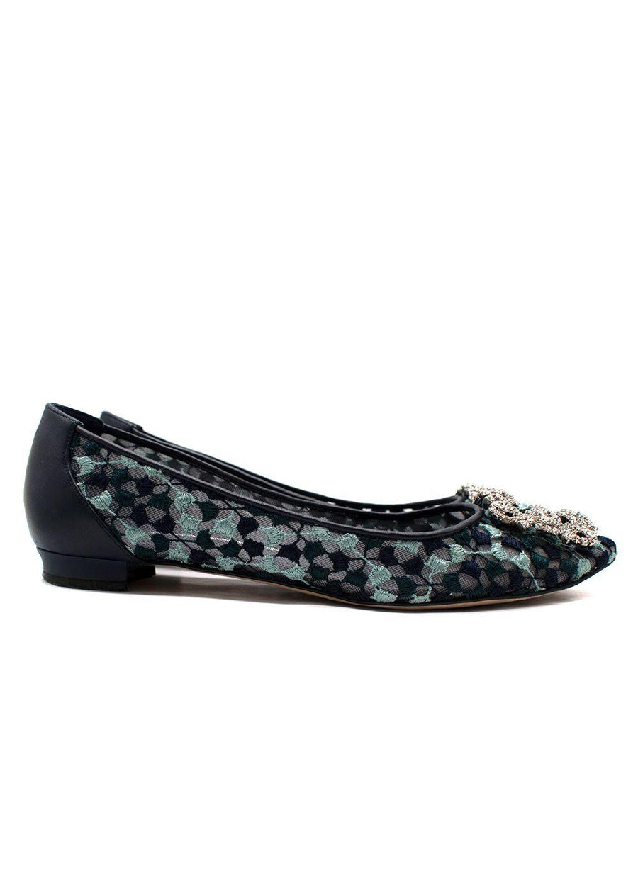 Manolo Blahnik Navy Lace Jewel Buckle Flat Pumps