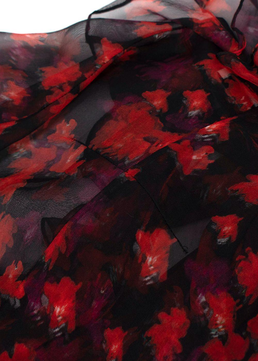 Givenchy Red and Black Floral Sheer Silk Blouse