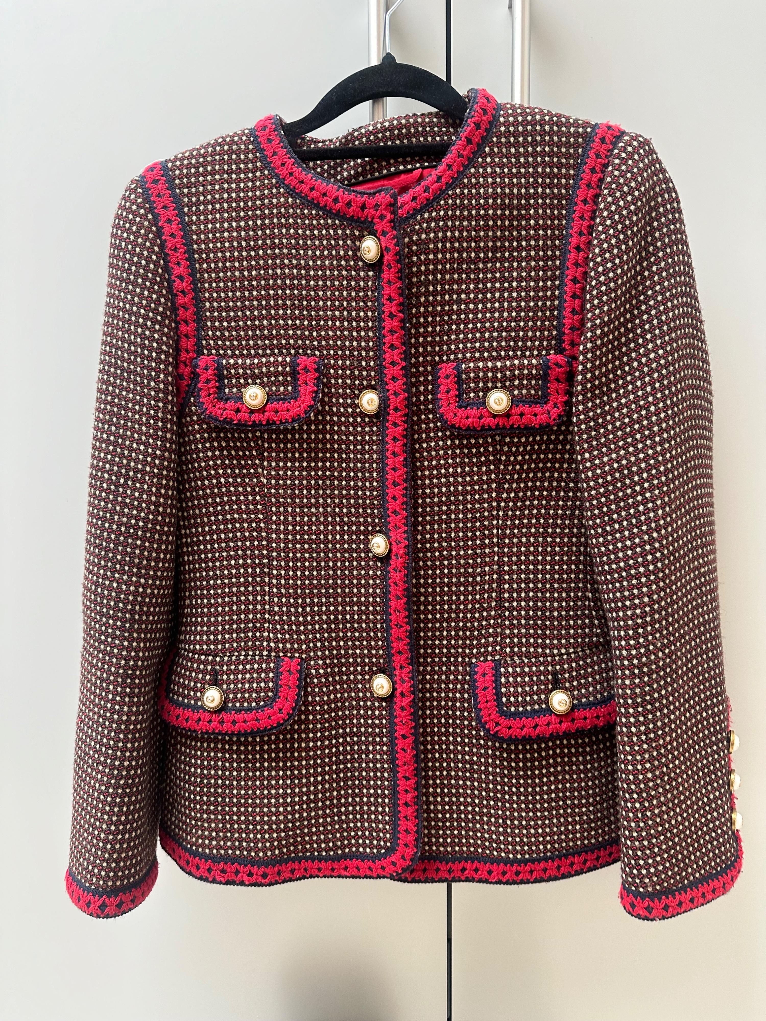 Gucci Red Tiger Embroidered Jacket with Faux Pearl Button Detail