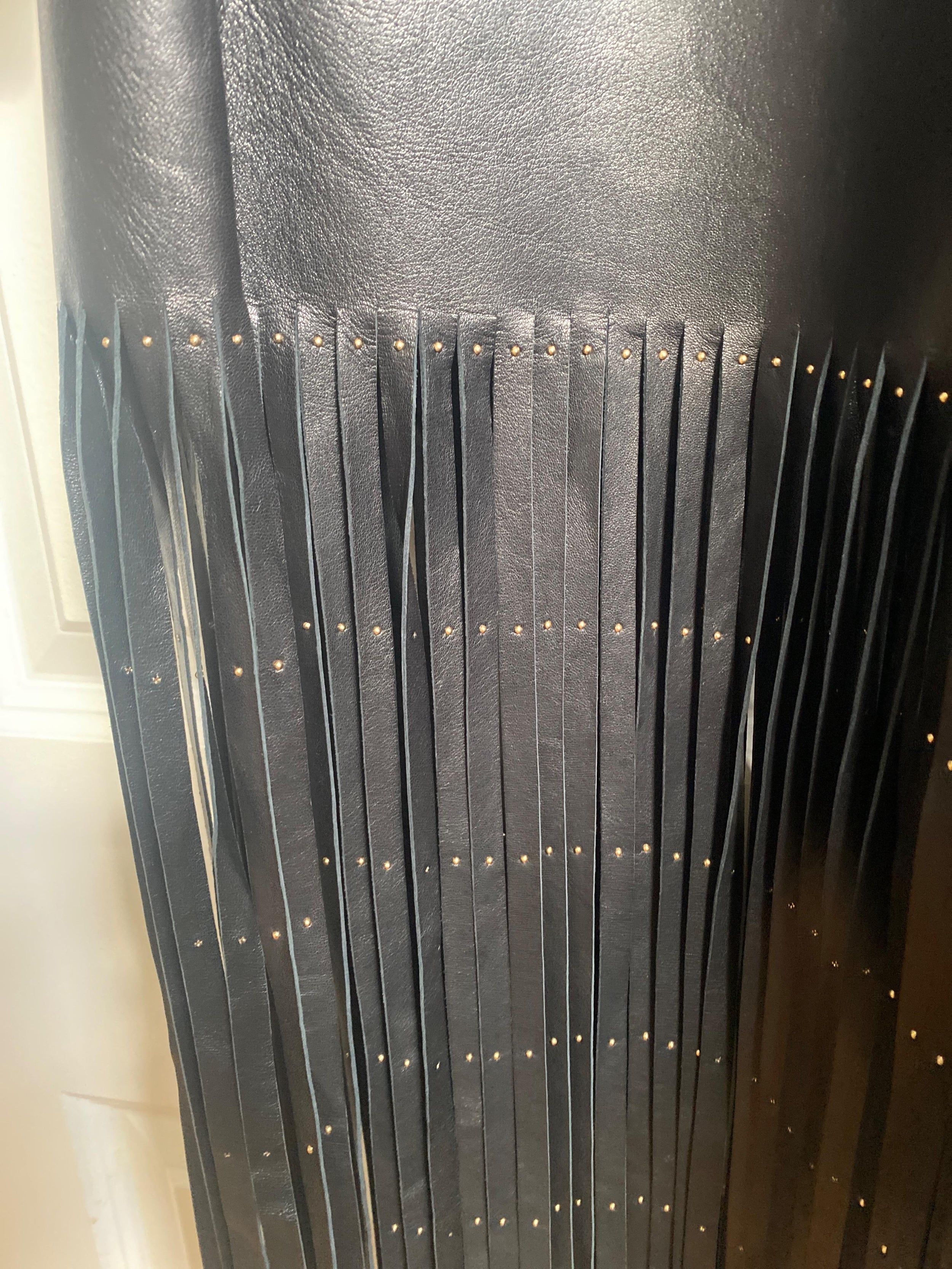 Valentino Black Leather Trench Coat with Fringe Detail