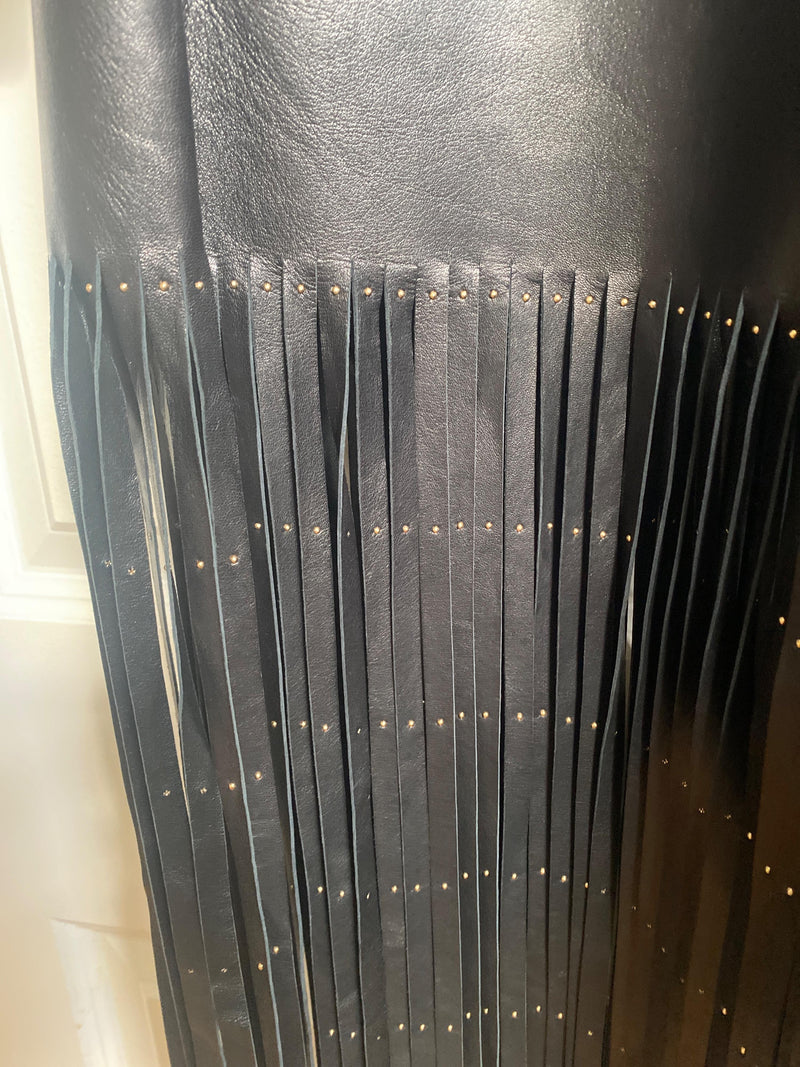 Valentino Black Leather Trench Coat with Fringe Detail