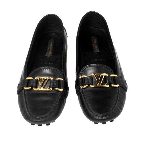 Black leather LV driving loafers