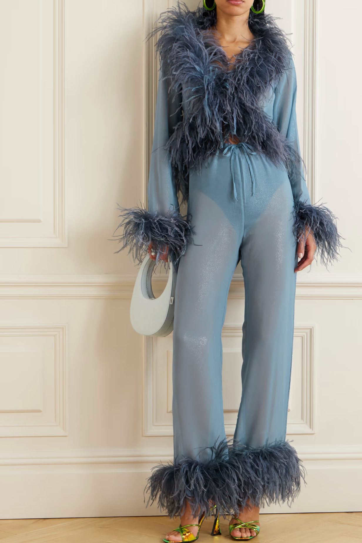 OSÉREE Lumière Feather-Trimmed Glittered Chiffon Straight-Leg Pants
