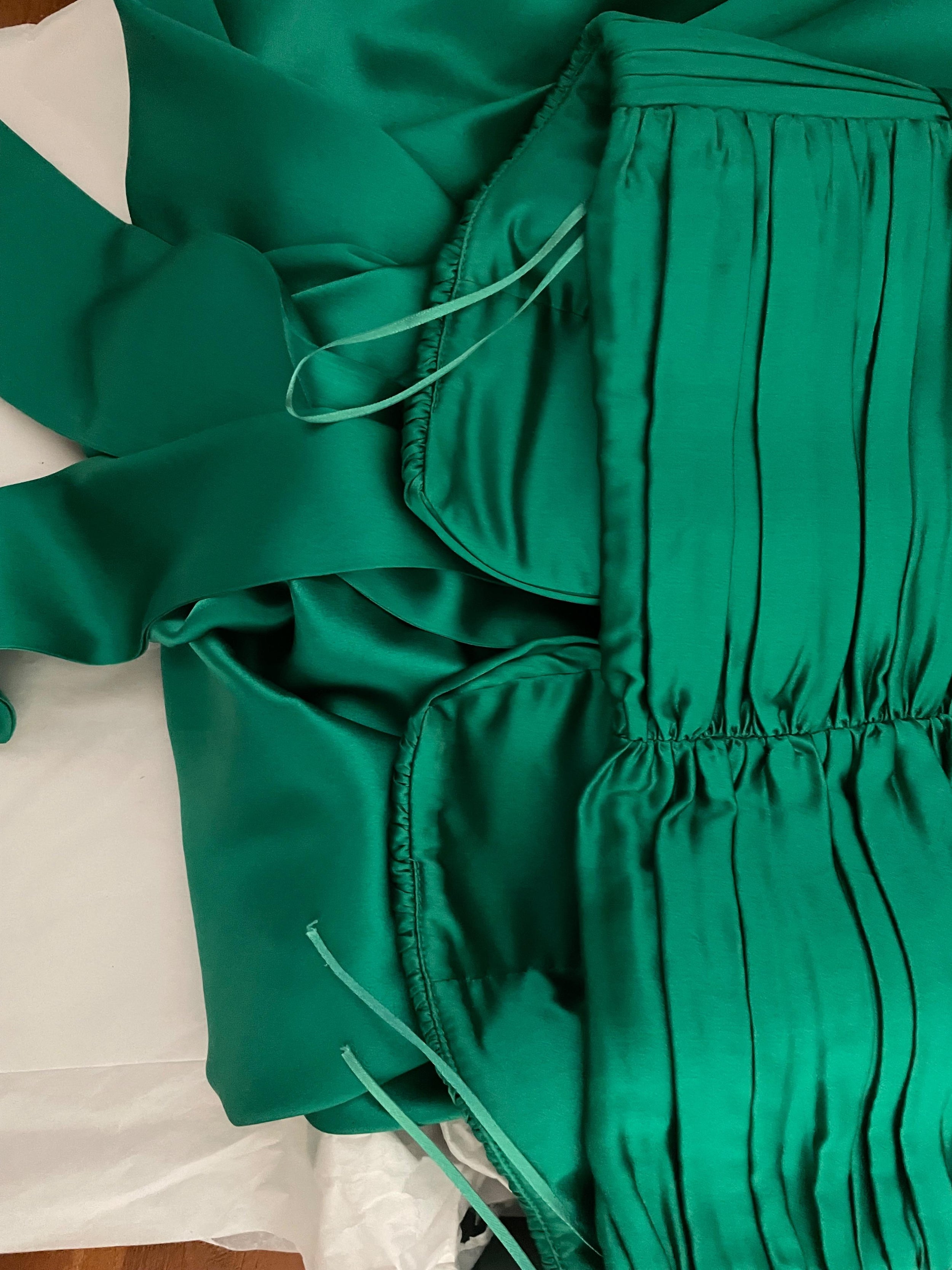 Alessandra Rich Green Ruched Strapless Silk Charmeuse Gown