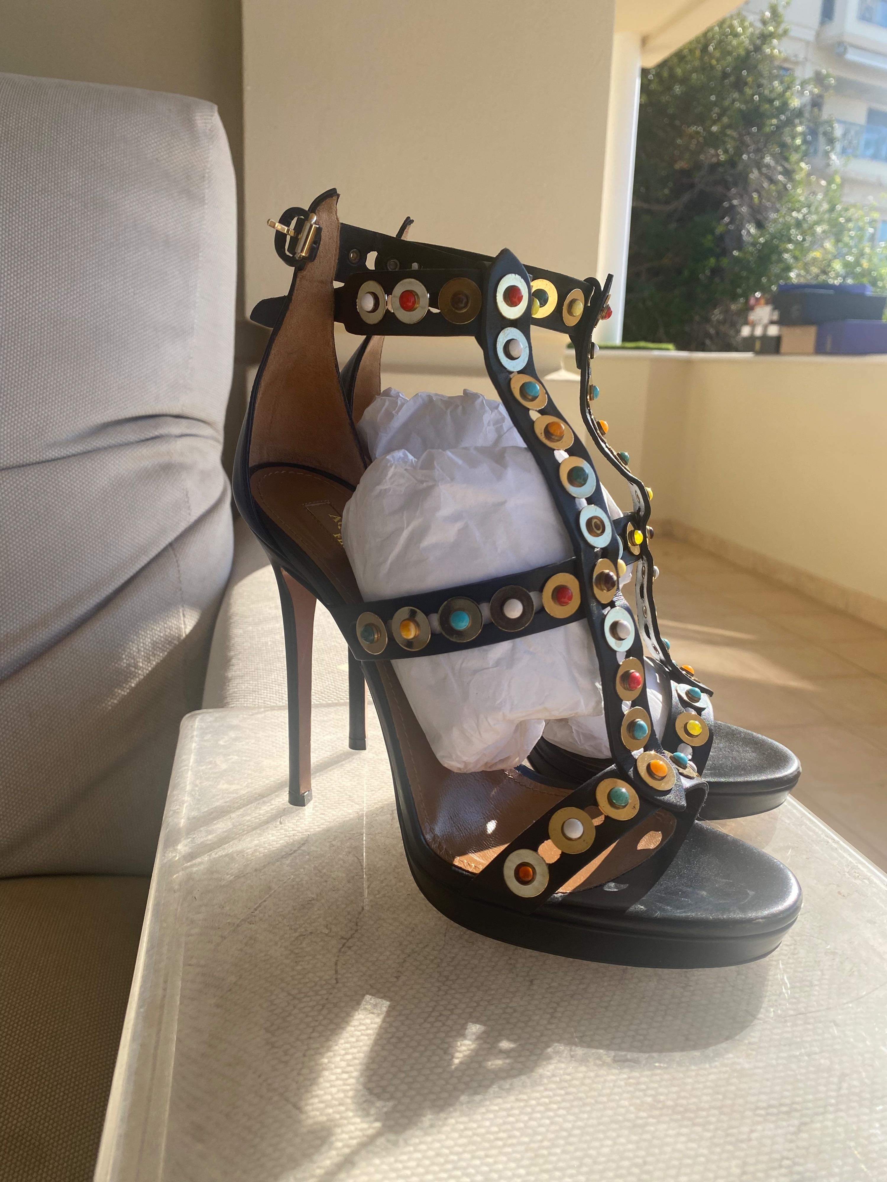 Black leather Byzantine Gladiator heeled sandals