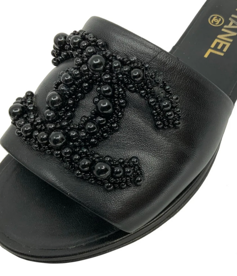 Chanel Embellished Black Slides
