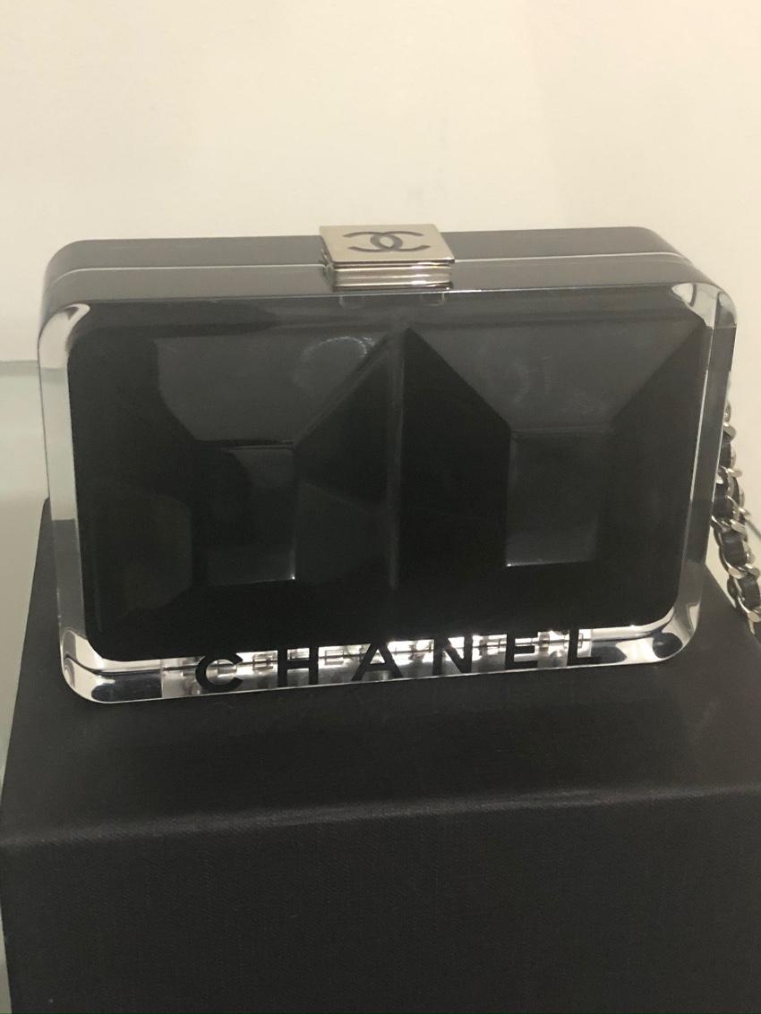 Chanel Black Limited Edition Perspex Logo Chain Clutch