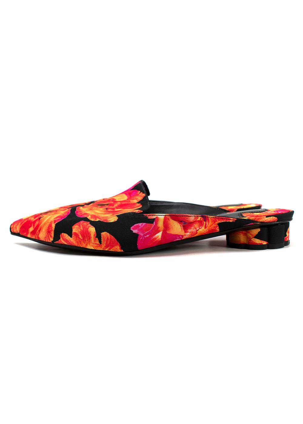 Salvatore Ferragamo Red and Black Floral Pointed Mules