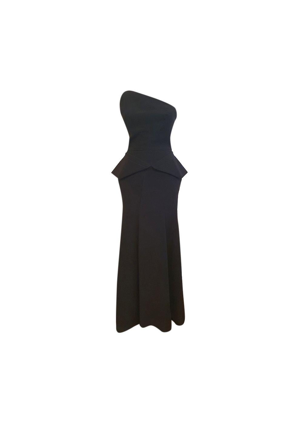 Black wool crepe one shoulder peplum gown