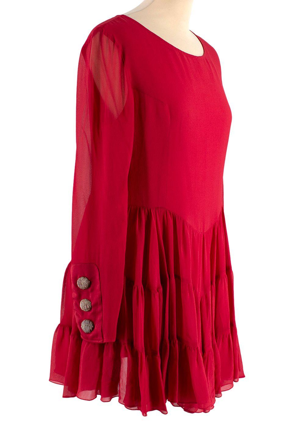 Red Silk Ruffled Long Sleeved Dress