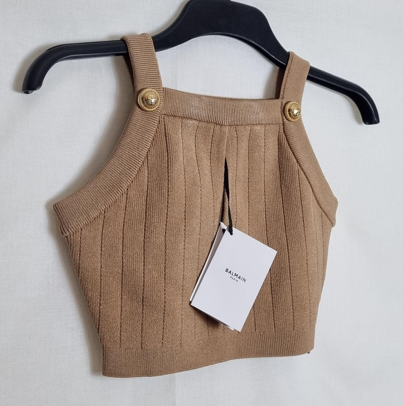 Camel Stretch-Knit Square Neck Crop Top