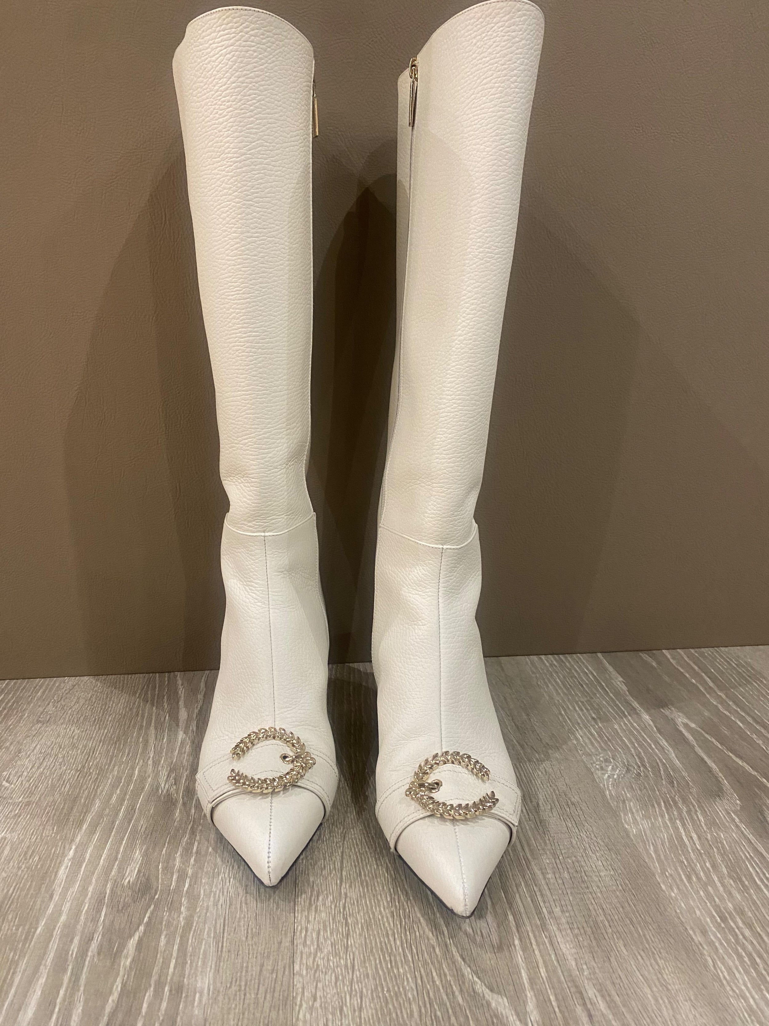 White Leather Heeled Long Boots