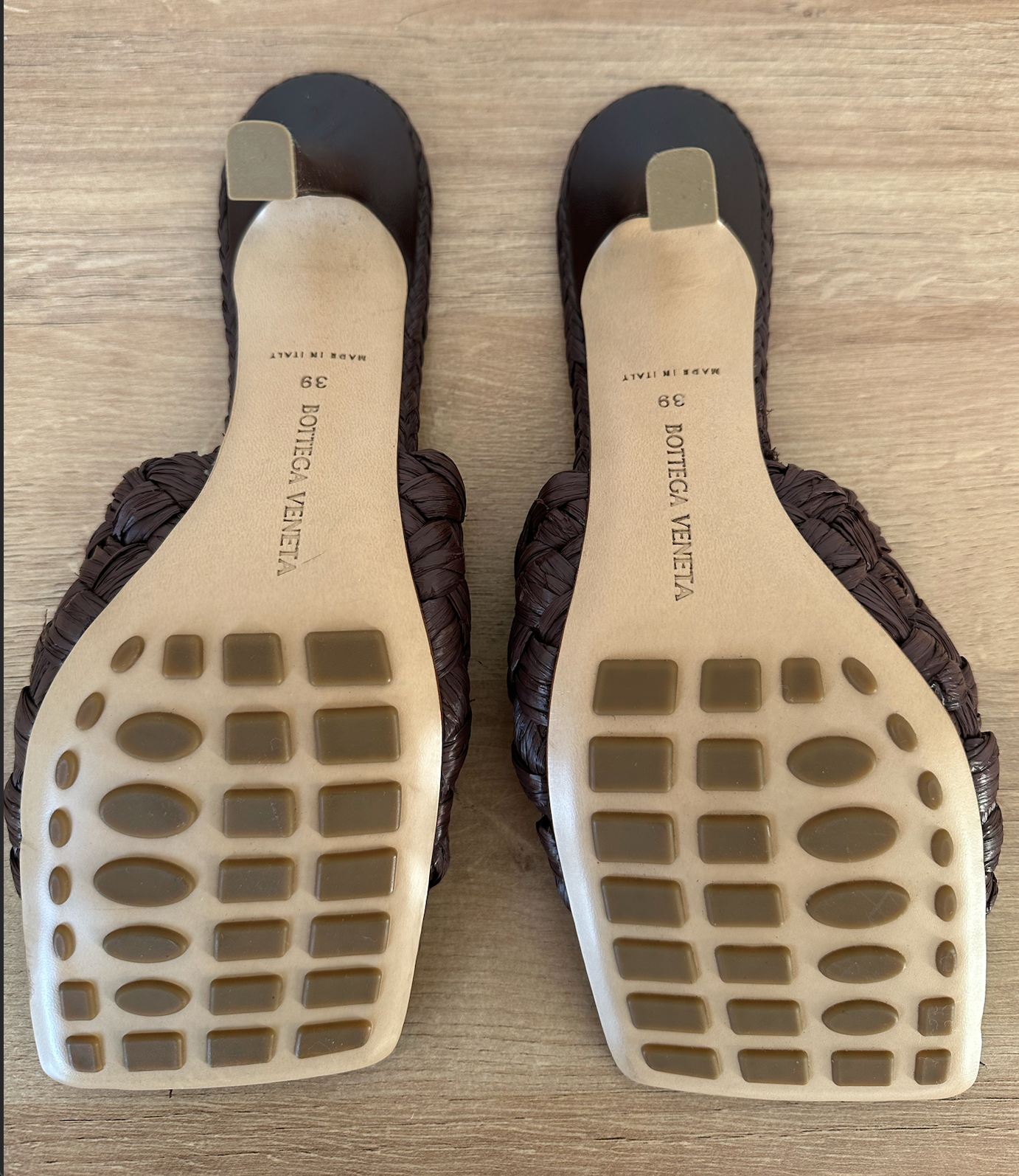 Brown Rafia Intrecciato Stretch Heeled Mules