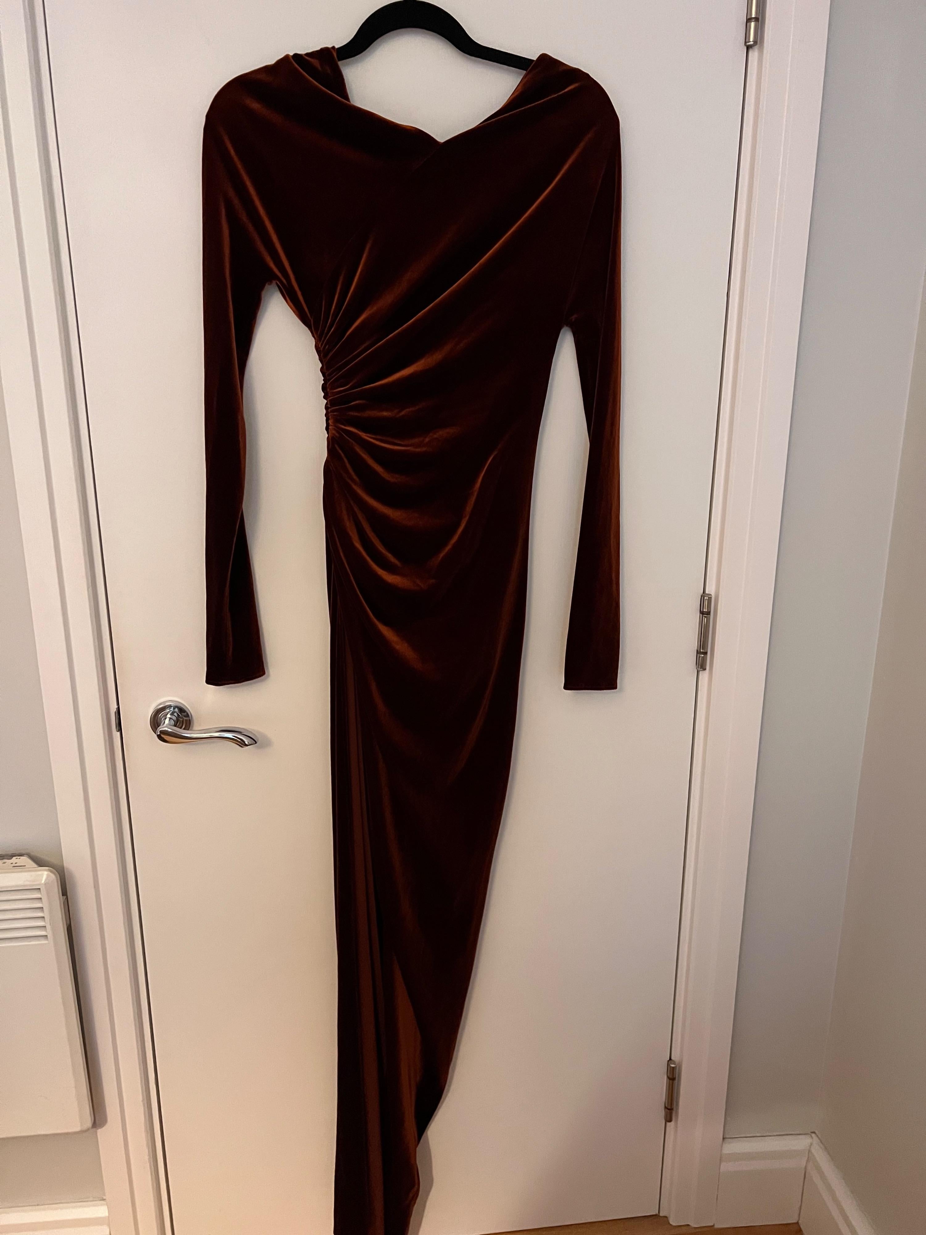 Cinnamon Velvet Long Off-Shoulder Dress