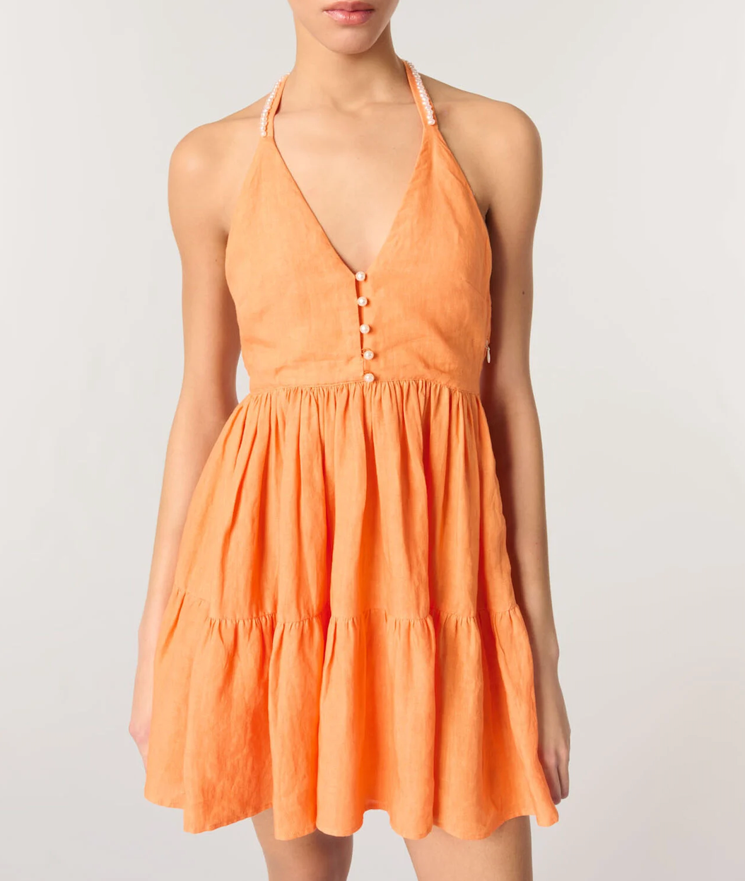 Maje Yellow Linen Pearl-Trim Mini Dress