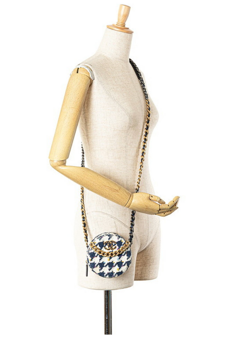 Chanel Navy and White 2020 Tweed 19 Round Clutch With Chain