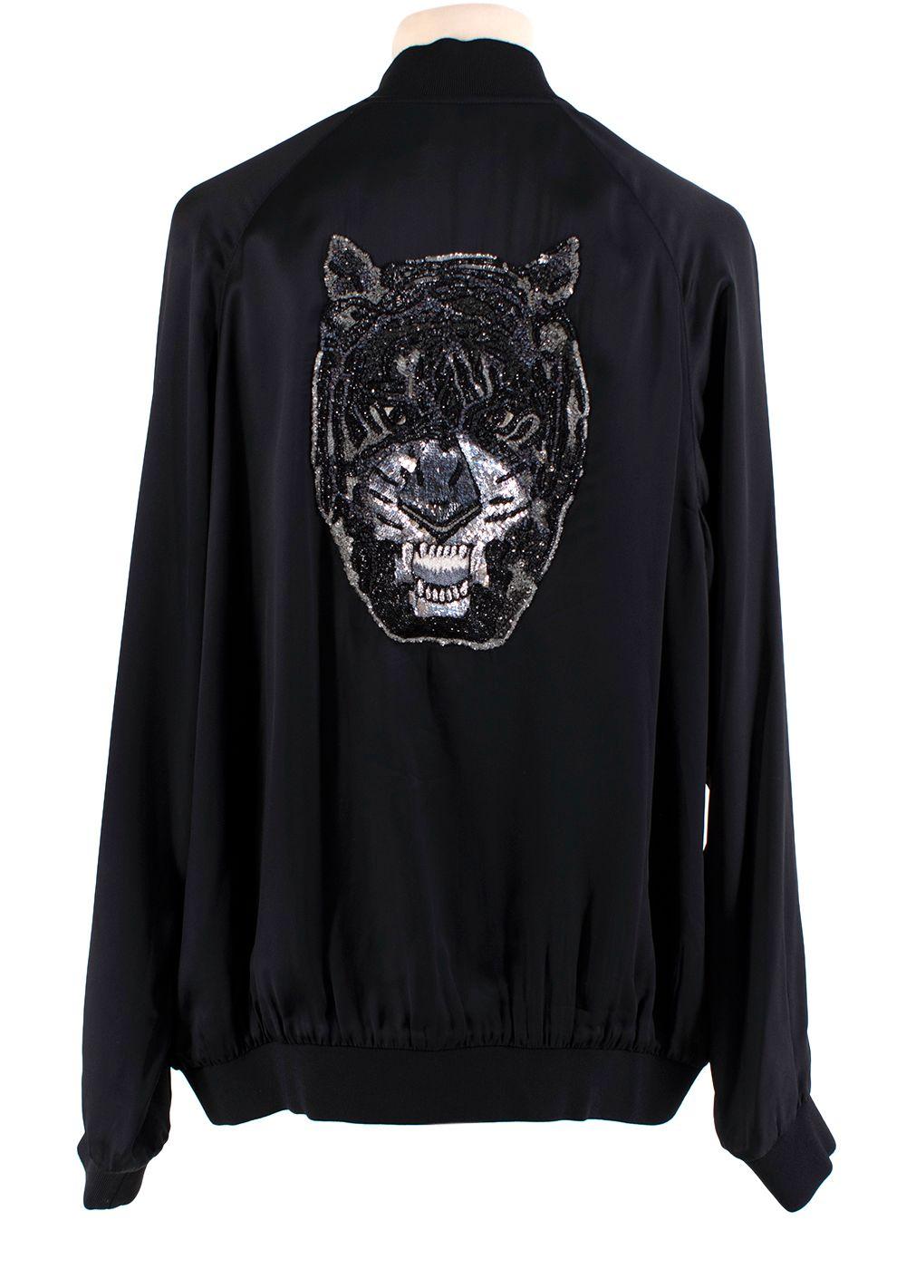 Black Satin Panther Embellished Bomber Jacket