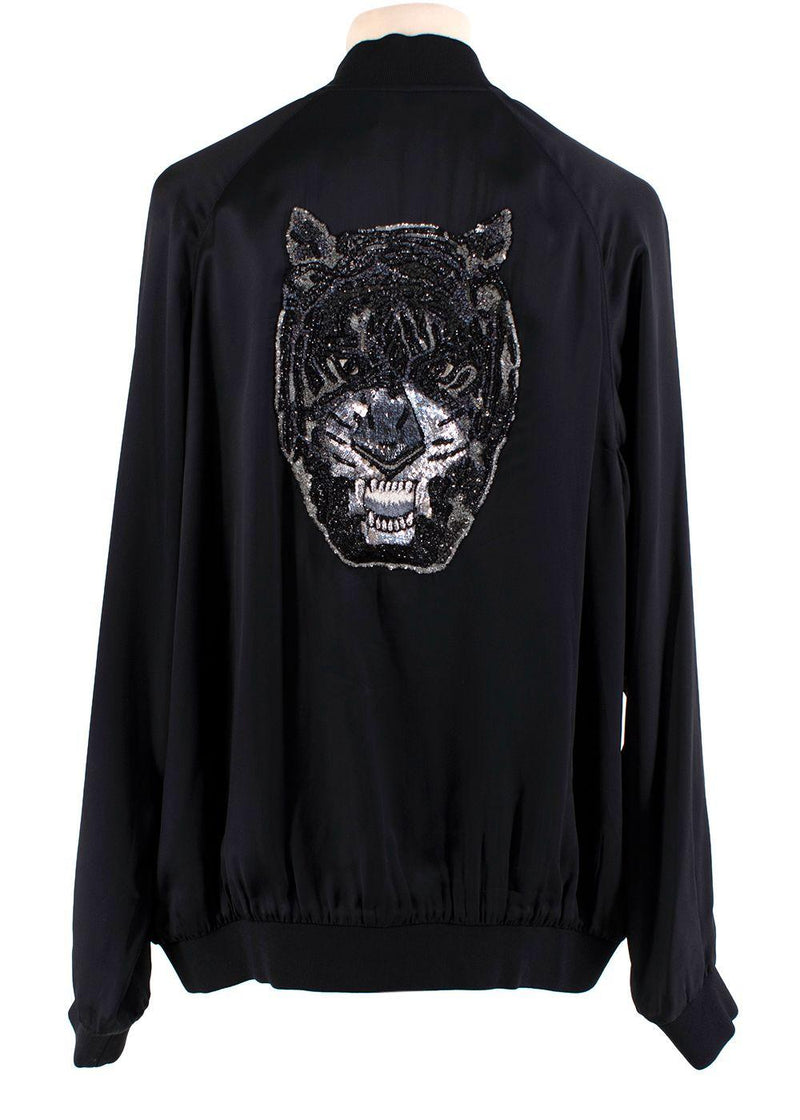 Black Satin Panther Embellished Bomber Jacket