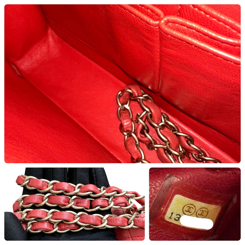 Chanel Red Lambskin Medium Double Flap Bag with Brushed Gold Hardware