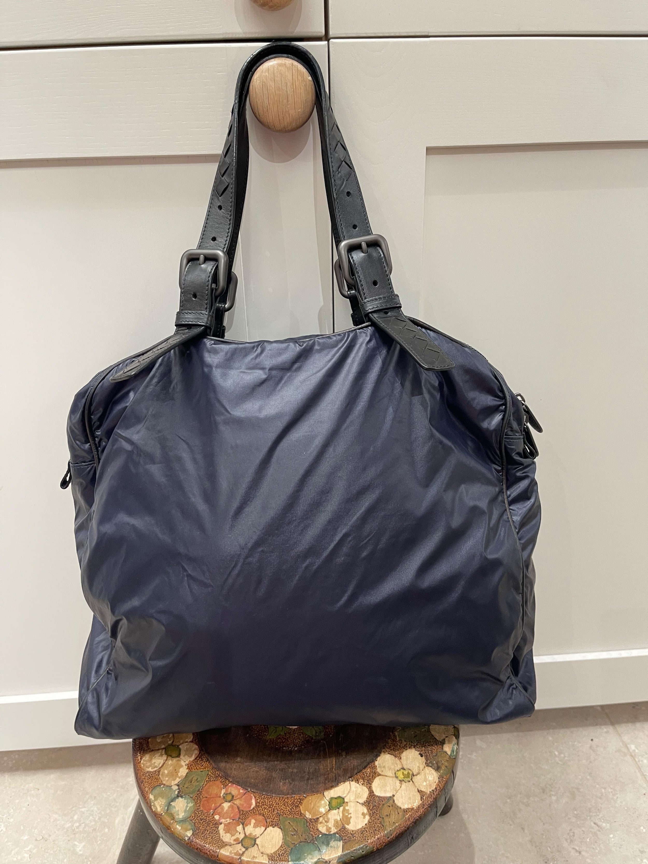 Intrecciato Leather Trimmed Nylon Tote Bag