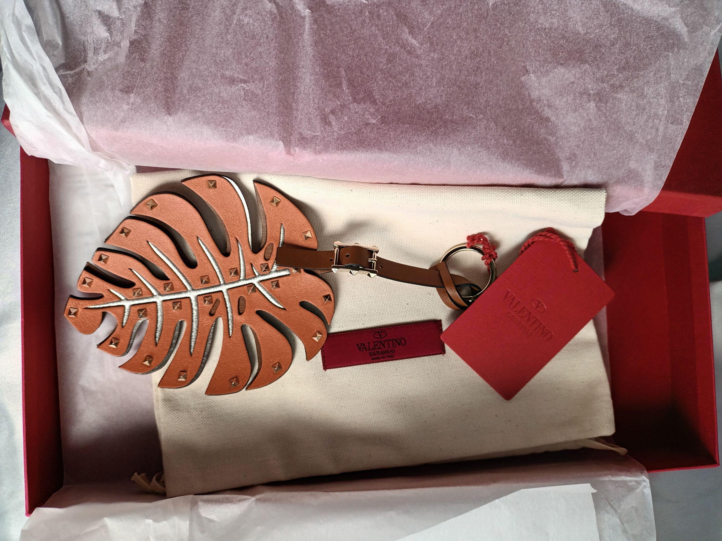 Valentino Tan Leather Monstero Leaf Keyring